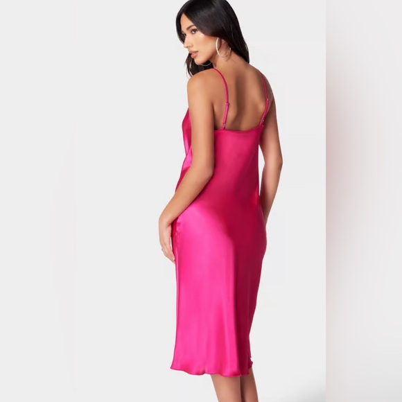 BEBE SATIN COWL NECK SLIP MIDI DRESS IN FUSCHIA - Picture 2 of 6